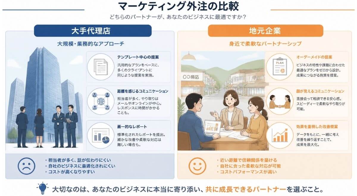 大手代理店と地元企業の外注特徴を比較した図解。テンプレート対応と柔軟な対面対応の違いを示す