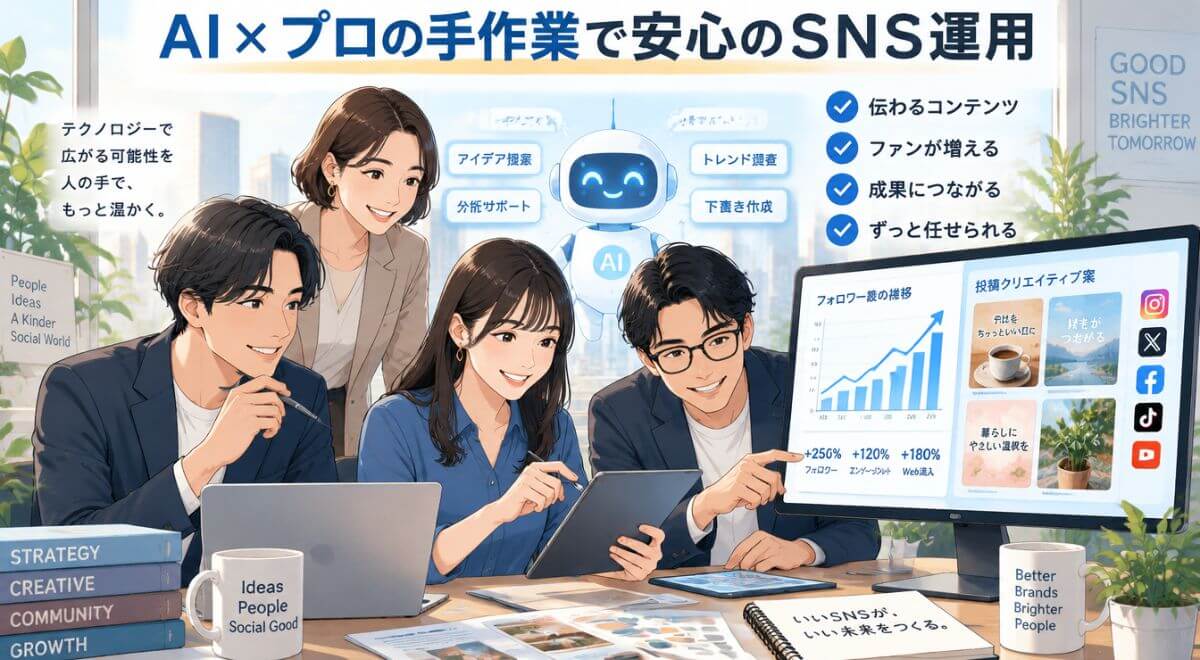 AIツールとプロの手作業編集を組み合わせた安全で効果的なSNS運用のイメージ