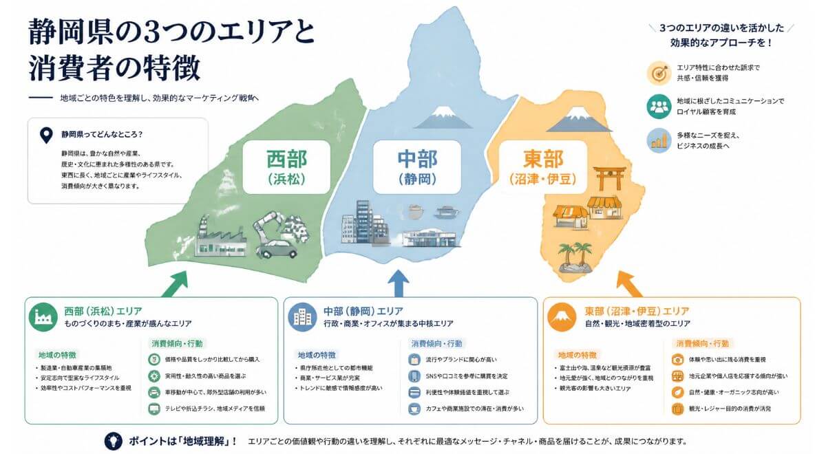 静岡県の東部・中部・西部のエリア特性と消費行動の違いを示したマップインフォグラフィック