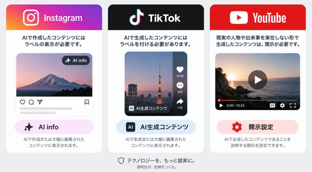 Instagram・TikTok・YouTubeにおけるAIコンテンツの表示ラベルルール比較一覧