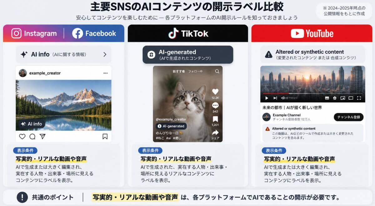 Instagram、TikTok、YouTubeそれぞれのAI生成コンテンツ表示ルールとラベルのまとめ表