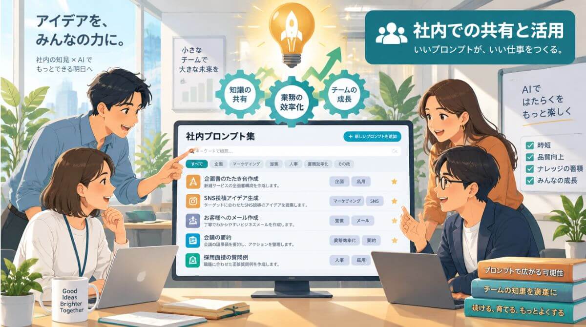 社内で成功したプロンプトを共有しチーム全体で業務効率化を進める様子